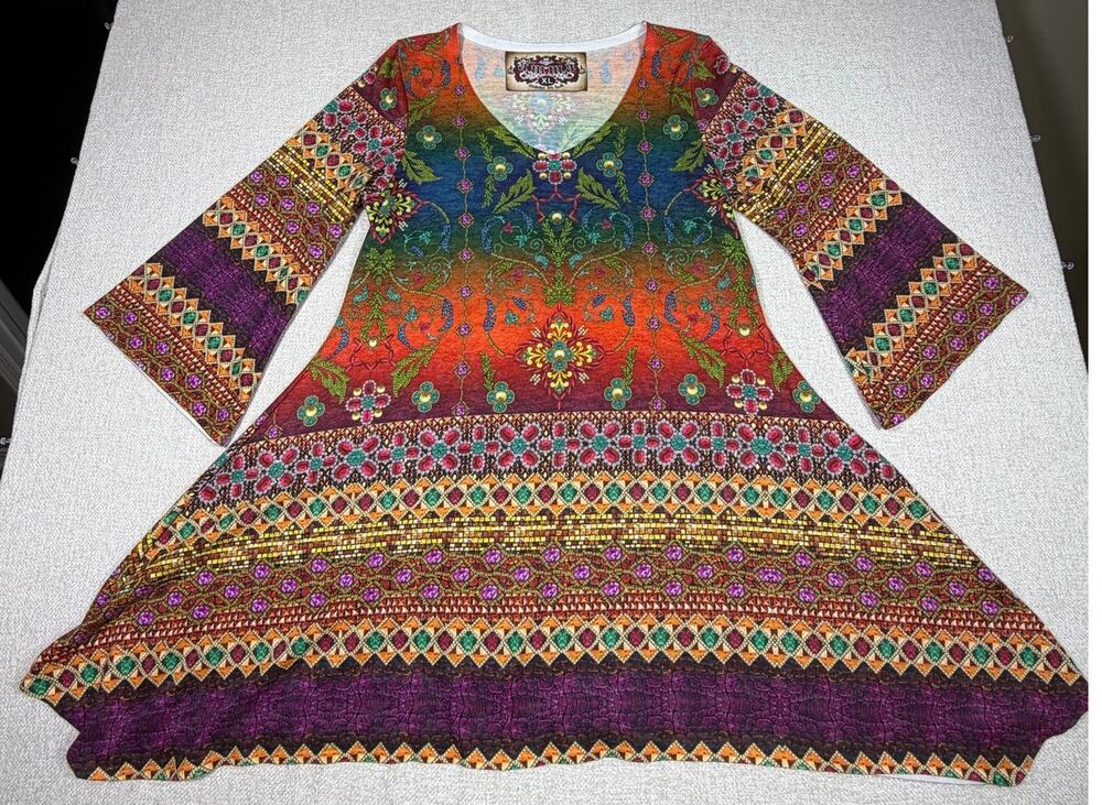 AMMA Women XL Purple Yellow Asymmetrical Hem Artsy Lagenlook Summer Tunic Top